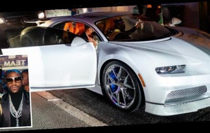Watch Floyd Mayweather rock up to star-studded, Miami-Vice themed 44th birthday party in stunning £2m Bugatti