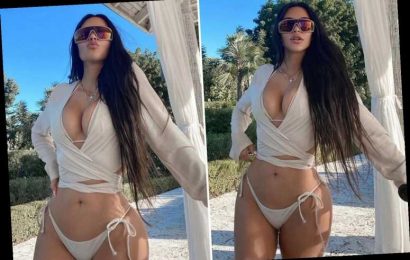 Kim Kardashian preaches the 'best things in life AREN'T things' in plunging bikini as divorce with Kanye West rages on