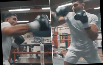 Watch as Love Island star Tommy Fury shows off explosive punching power on pads as Tyson urges 'throw those bombs'
