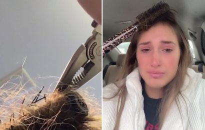 Woman in tears after a brush gets stuck in her hair after hack goes wrong – and it has to be removed with PLIERS
