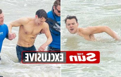 Harry Styles strips off as he's seen without his famous tattoos in the freezing sea filming new movie role