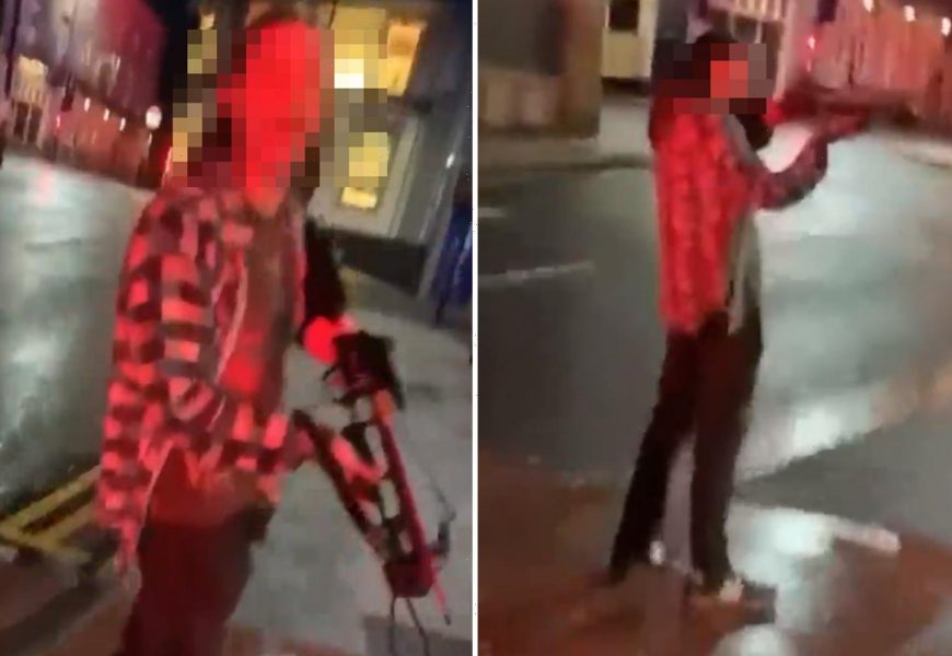 Shocking moment CROSSBOW-wielding thug points weapon at passer-by before being surrounded by cops