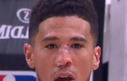 NBA's Devin Booker Busts Nose In On-Court Collision, Gets Stitches and Returns to Game!