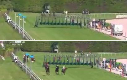 Watch dramatic moment horse race is abandoned halfway through after stalls get stuck in track