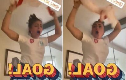 Watch jockey Megan Nicholls go crazy dancing in pub as she celebrates England beating Denmark in Euro 2020 semi-final