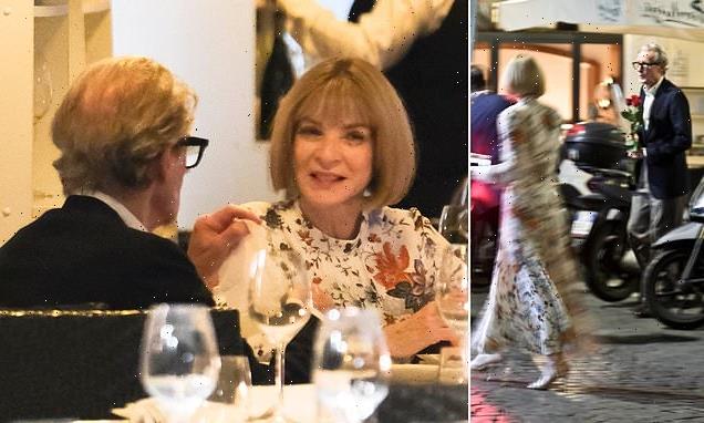 EXC: Bill Nighy presents Anna Wintour with red roses at dinner in Rome