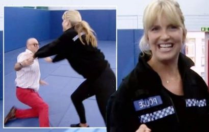 Penny Lancaster shoves co-star over is risky police stunt: ‘I’m absolutely petrified’