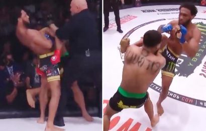 Watch MMA star AJ McKee tell ref his rival Patricio Pitbull is asleep during choke as he wins $1m prize at Bellator 263