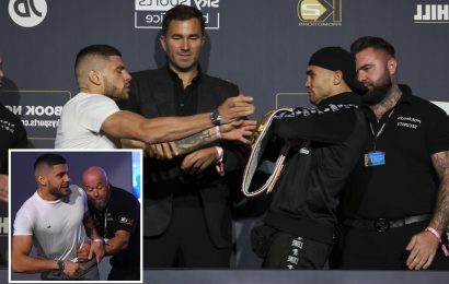 Florian Marku has to be held back by security after trying to fight Prodan at Anthony Joshua undercard press conference