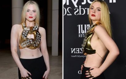 Elle Fanning goes completely TOPLESS and rocks only a big gold & diamond necklace on red carpet