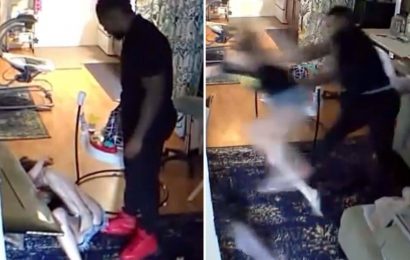 Horrific moment ex-NFL player Zac Stacy PUNCHES mom of his child and slams her into TV as 5-month-old son sits nearby