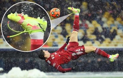Watch Ballon d’Or hopeful Robert Lewandowski net incredible overhead kick with his LACES UNDONE in snowy Bayern win