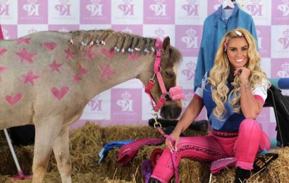 Katie Price stuns in bright pink leggings as she cuddles up to a pony for new horse riding gear launch