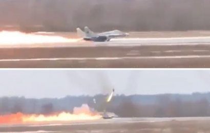 Fighter pilot ejects moments before his £17m jet turns into fireball on runway
