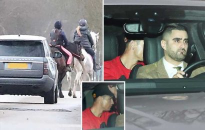 Man Utd stars arrive at training with their stunning Wags as Cristiano Ronaldo is held up by couple of HORSES