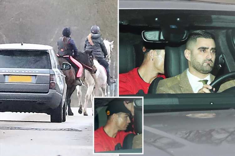 Man Utd stars arrive at training with their stunning Wags as Cristiano Ronaldo is held up by couple of HORSES