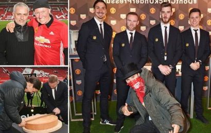 Manchester United's Wayne Rooney and Zlatan Ibrahimovic cut a giant CHEESE on the pitch to help show off the new club TAG Heuer watches (but boss Jose Mourinho looked glum in the stands)