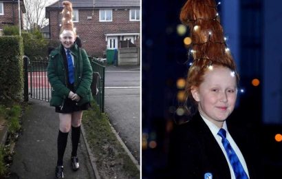 Scrooge teachers threaten to send schoolgirl, 13, home after she fashions hair into Christmas tree complete with lights – The Sun