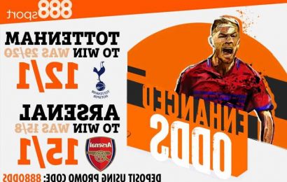 Tottenham vs Arsenal – odds boost: Get £5 max bet on Spurs at 12/1, or Gunners at 15/1 with 888 Sport special offer