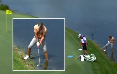 Watch golfer Sebastian Cappelen go TOPLESS and take off shoe on PGA Tour to play from pond