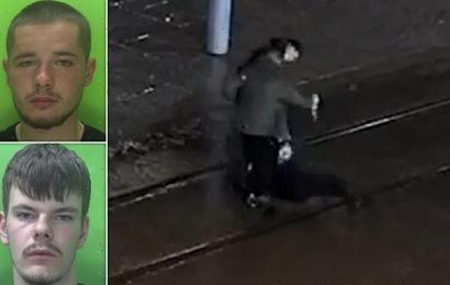 Shocking moment thugs beat a man before dragging him onto tramlines