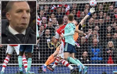 Watch Brendan Rodgers' brilliant reaction after Arsenal keeper Aaron Ramsdale's stunning save to deny Leicester's Barnes