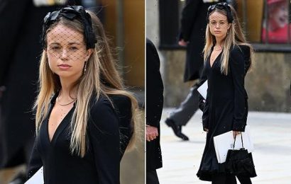 Lady Amelia Windsor dressed in all black bids goodbye to the Queen