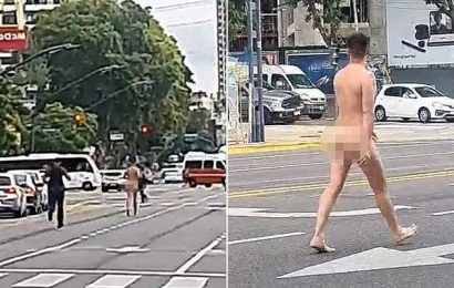 Cop chases naked &apos;drugged&apos; man, 28, running down a street in Argentina