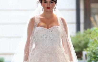 Why was Selena Gomez wearing a wedding gown on the Only Murders set?