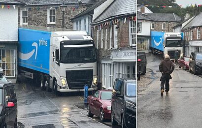 Amazon driver gets stuck when sat nav takes him down Cornish street
