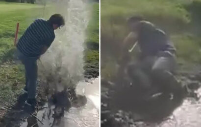 Major TV star suffers epic fail as he splashes himself then falls into muddy lake during James Maddison golf event | The Sun